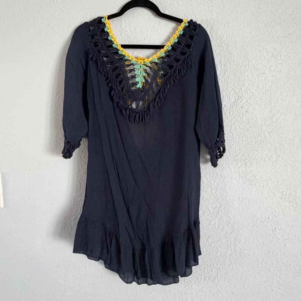 Boho Navy Blue Gauze Mini Dress Crochet Lace Pom Pom Tassel Back Tunic Top
